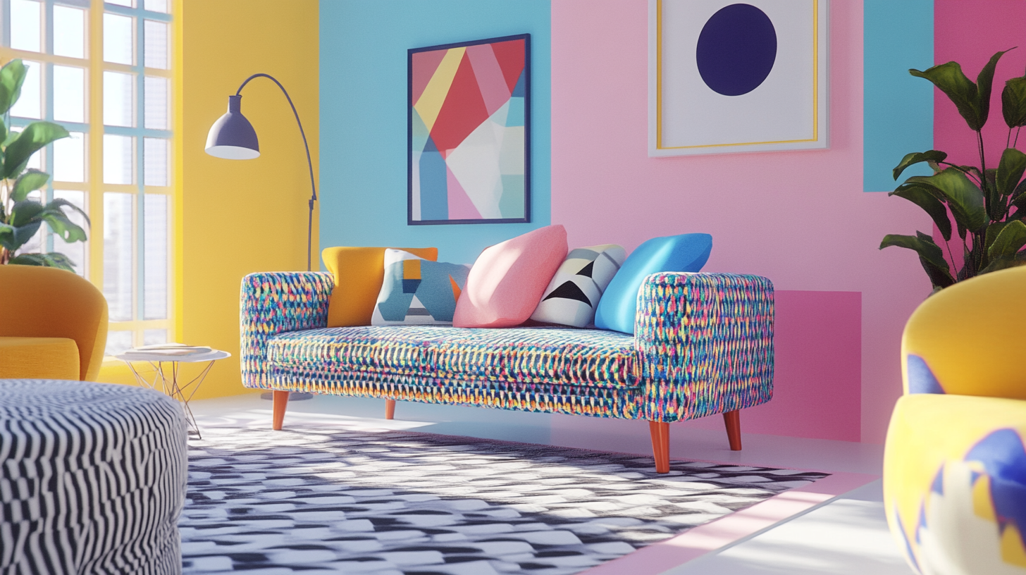 Wnętrze w stylu Memphis z pastelowymi ścianami i geometrycznymi meblami
