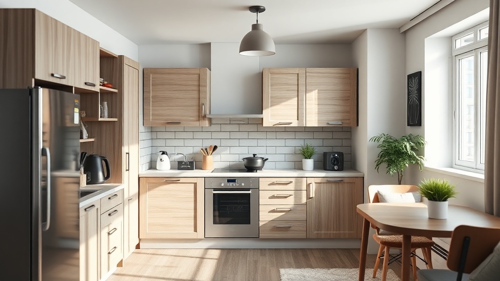 Stół okrągły z płyty MDF laminowanej w małej kuchni z jadalnią, z krzesłami i dodatkami