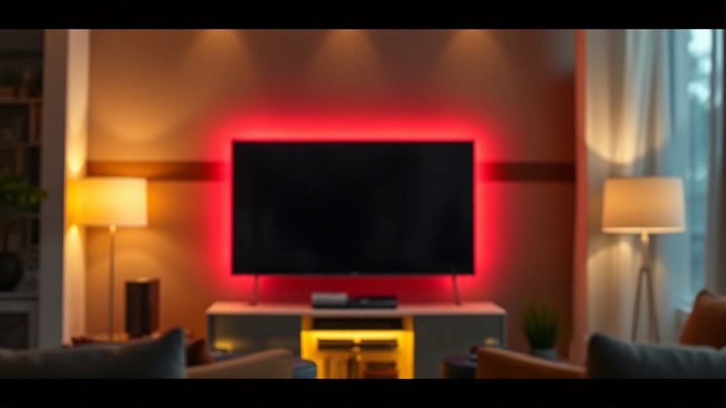 Taśma LED za telewizorem w salonie, subtelne podświetlenie ściany, wieczorny nastrój